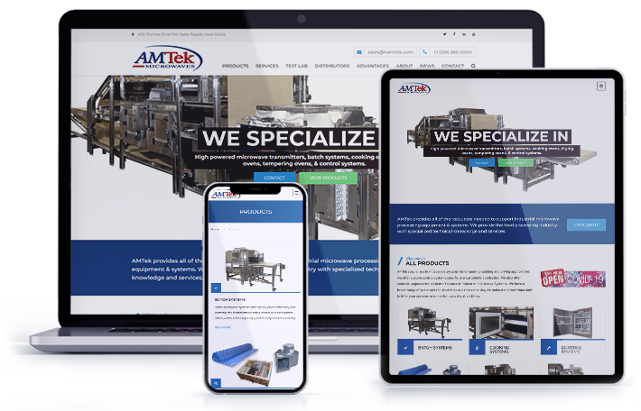 4AMTek homepage showcasing industrial microwave processing systems and product CTAs