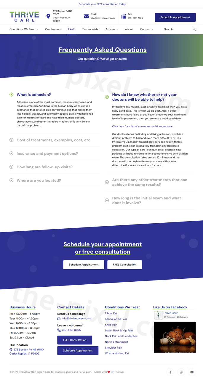 Thrive Care frequently asked questions page with accordion design