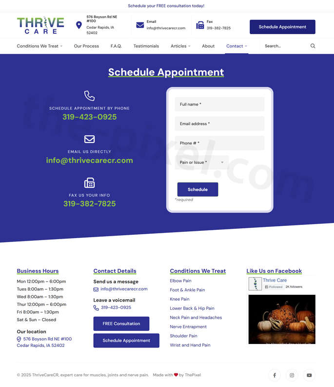 Thrive Care schedule appointment page with custom contact form and clear clinic details