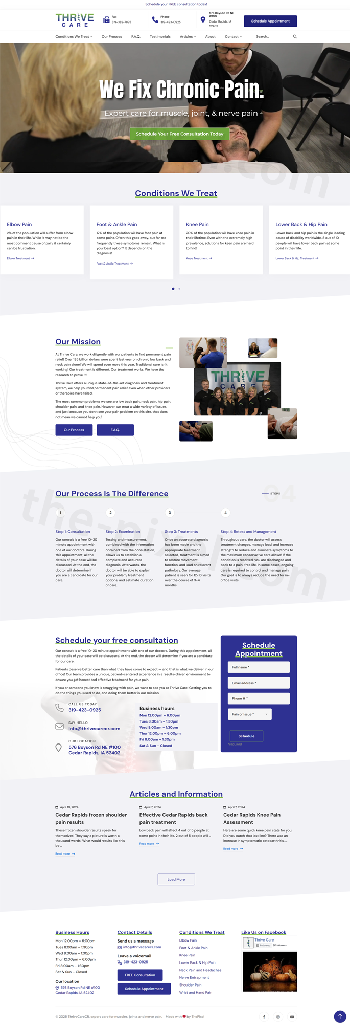 Thrive Care homepage with video hero, conditions slider, process timeline, and consultation form