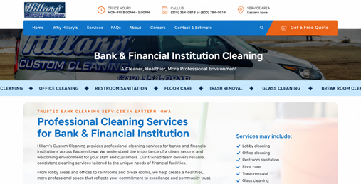 Hillary's Custom Cleaning website design and development project by ThePixel