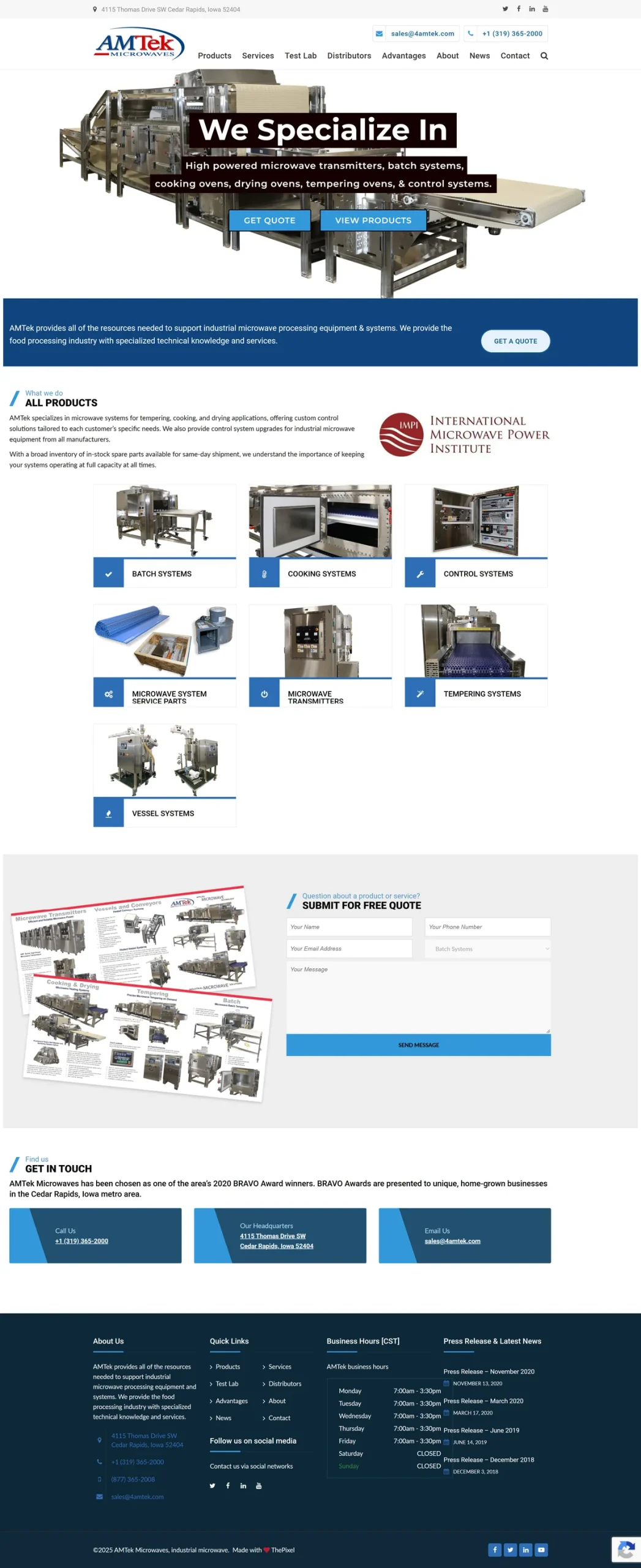 Original AMTek Microwaves manufacturing homepage before the website redesign.