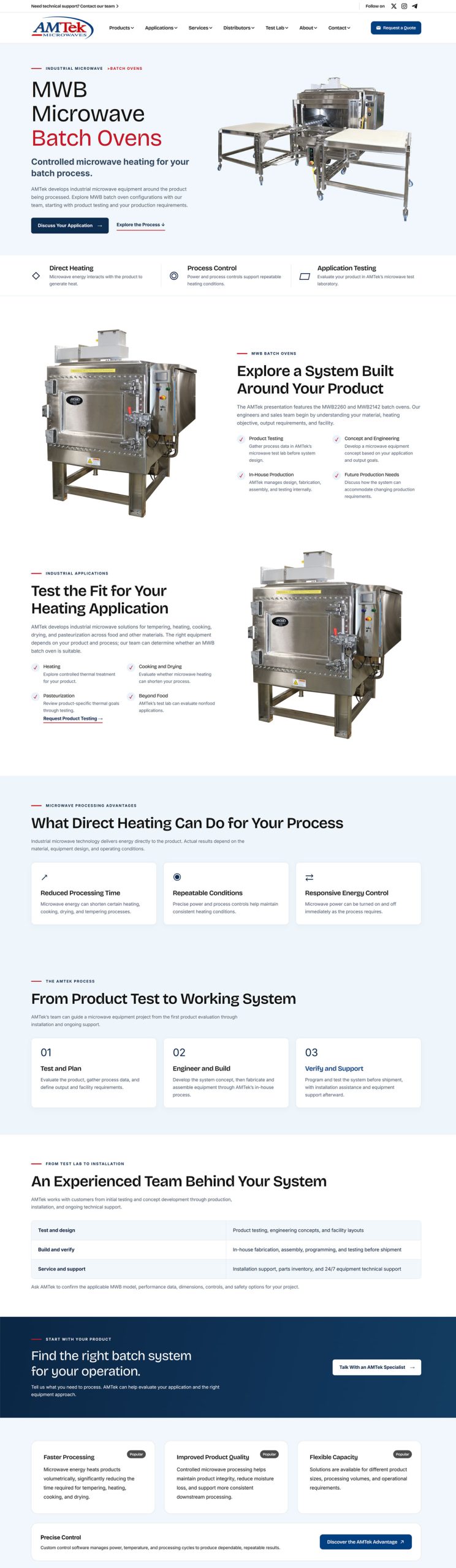 Manufacturing equipment product detail webpage designed by ThePixel for AMTek Microwaves, featuring product specifications, technical information, and user-friendly navigation.