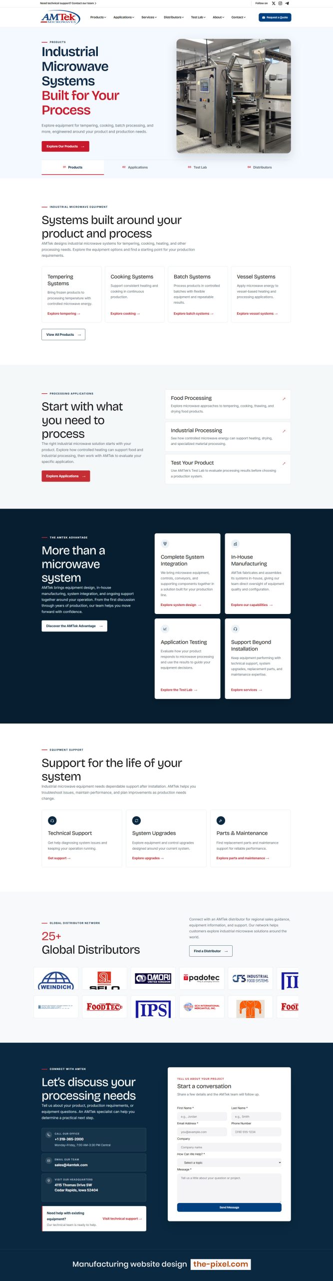 Redesigned AMTek Microwaves homepage with updated industrial equipment navigation and content hierarchy.